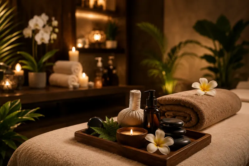 Candlelit lounge and relaxation corridor inside Thai Elysium Spa, Azizi Riviera
