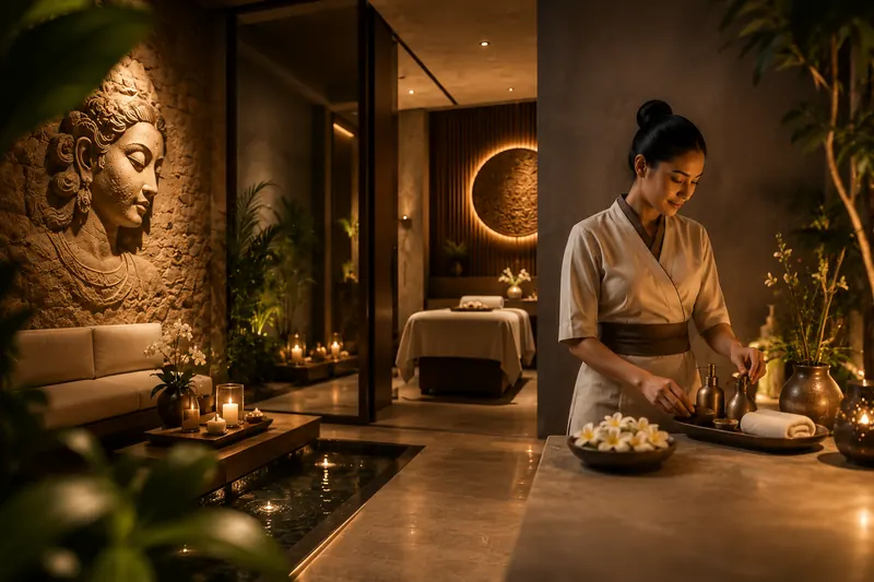 Therapist preparing a private massage suite with warm oils and towels at Thai Elysium Spa Meydan