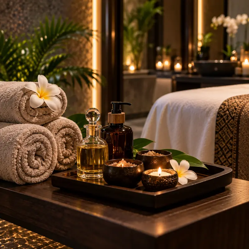 Towels, oils and candles prepared for a treatment