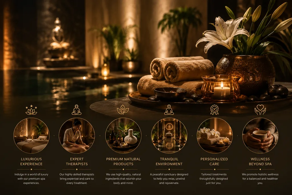 Six reasons to choose Thai Elysium Spa: luxurious experience, expert therapists, premium natural products, tranquil environment, personalized care, wellness beyond spa